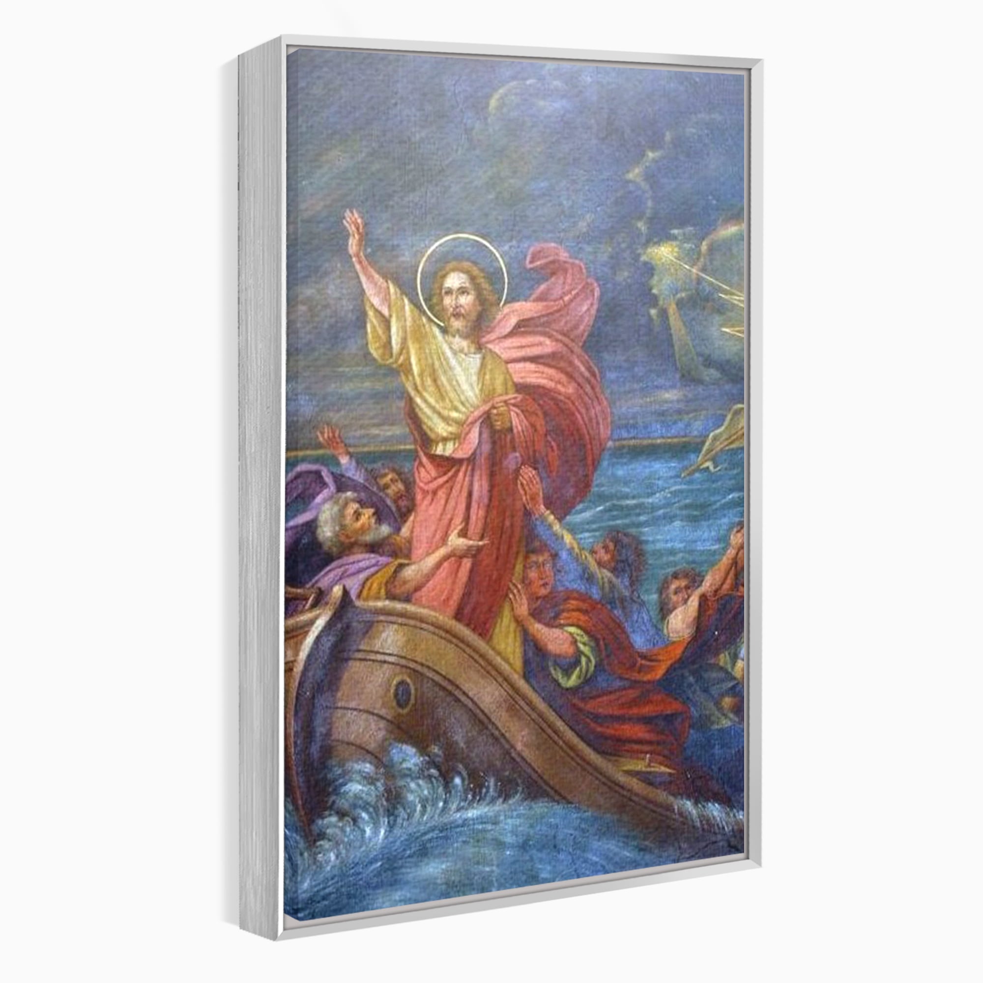 Tablou canvas cu tablou canvas cu iisus calcand pe ape, in rama de aluminiu argintiu